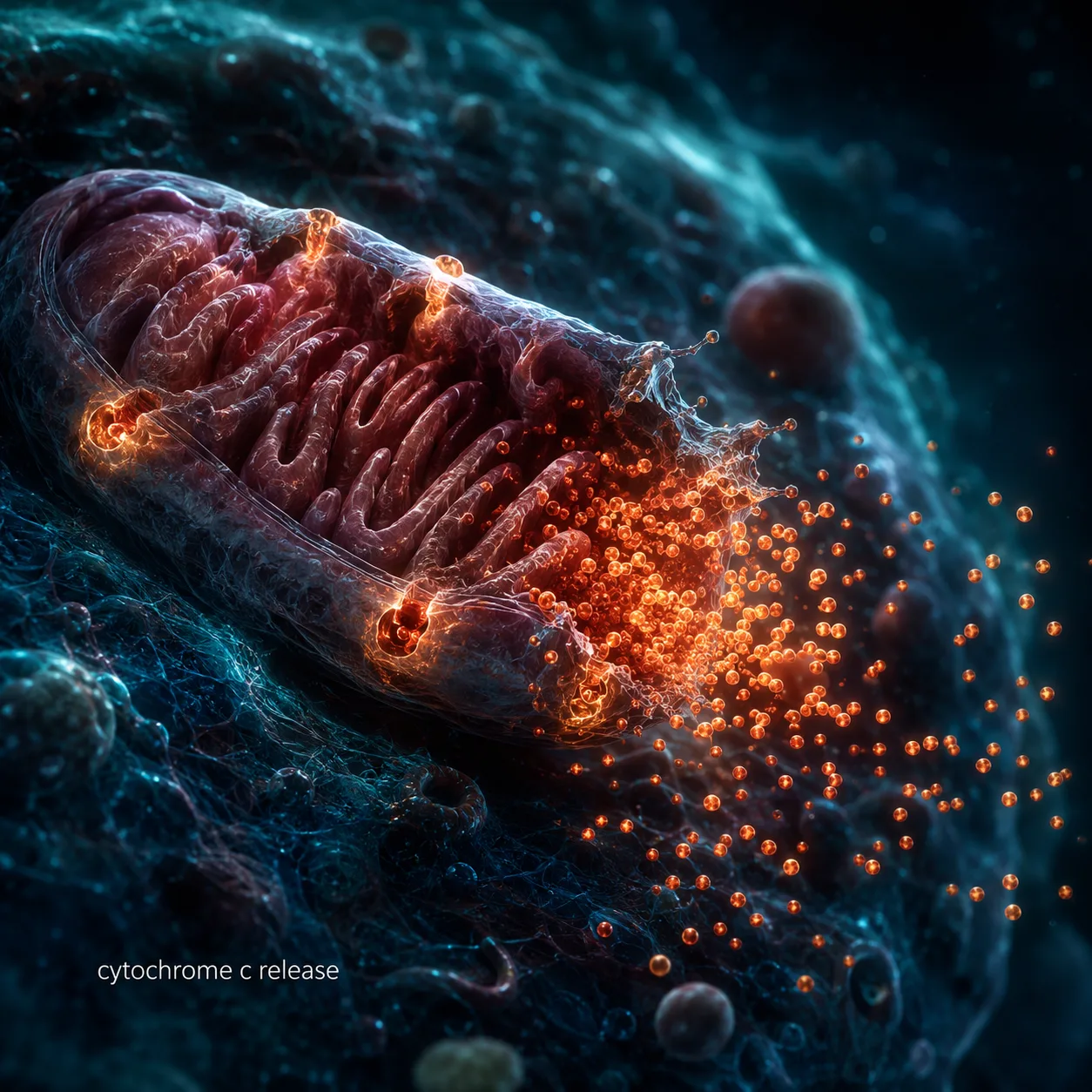 Mitochondrion with BAX pores forming in the outer membrane, cytochrome c spheres streaming into the cytoplasm