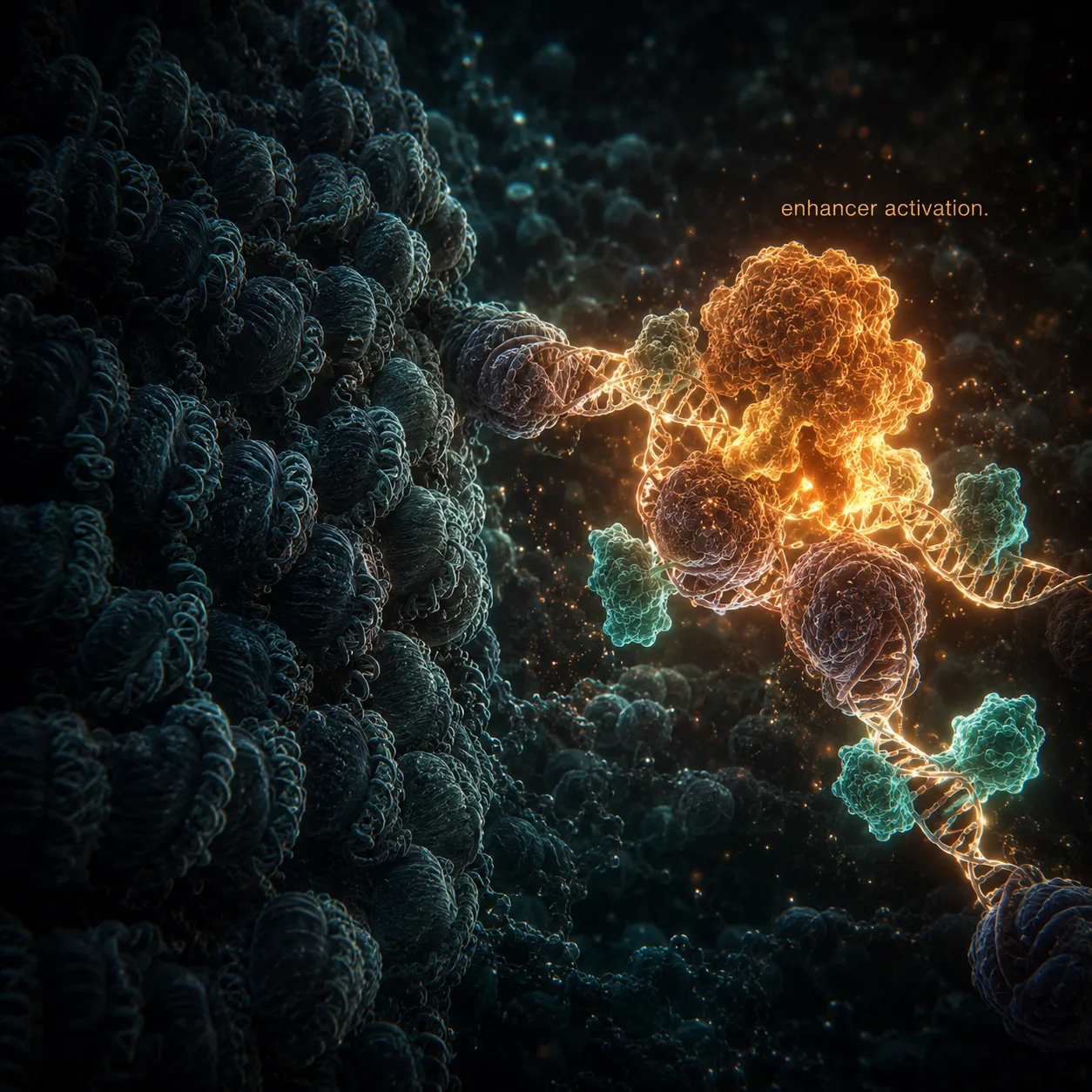 Chromatin inside a nucleus — tightly coiled heterochromatin on the left, an enzyme actively remodeling a region on the right with the strand unwinding and brightening as transcription factors bind