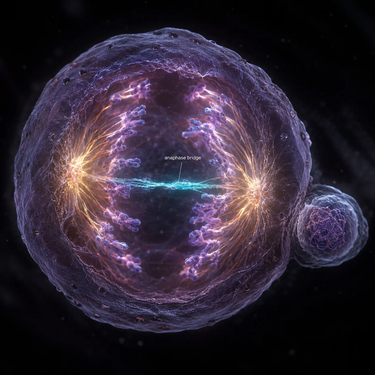 Cell nucleus during anaphase — most chromosomes pulling apart cleanly, one chromatin bridge stretched and about to snap, a micronucleus visible to the side