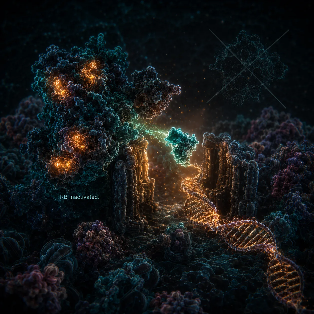 RB protein inactivated by phosphorylation, E2F transcription factor drifting free toward DNA, p53 suppressed in the background