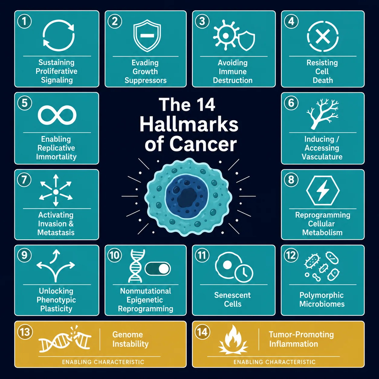 The 14 Hallmarks of Cancer — all functional capabilities and enabling characteristics