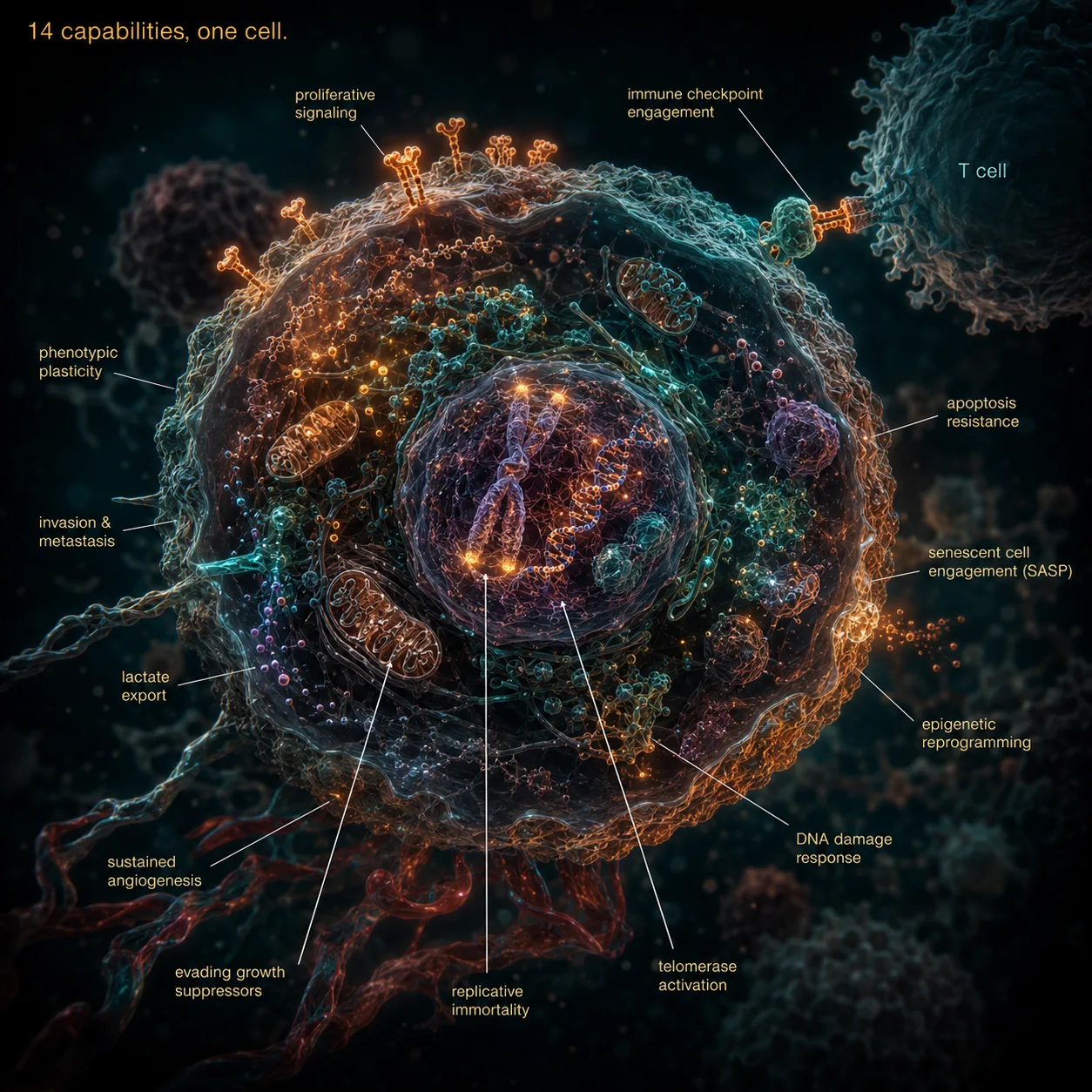 Semi-transparent cancer cell with interior visible — proliferative signals at the membrane, dimmed mitochondria, active telomerase at chromosome ends, PD-L1 blocking a T cell at the periphery, all processes running simultaneously
