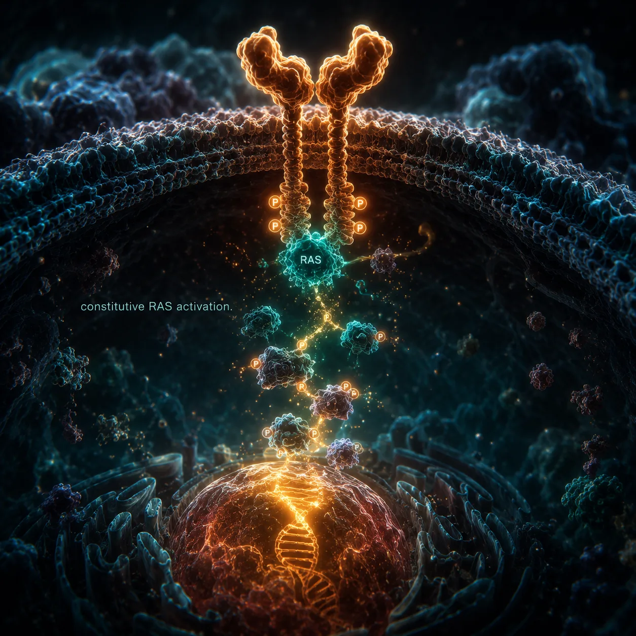 Growth factor receptor on a cancer cell surface, dimerized and active without a ligand, RAS molecule glowing locked-on inside the membrane