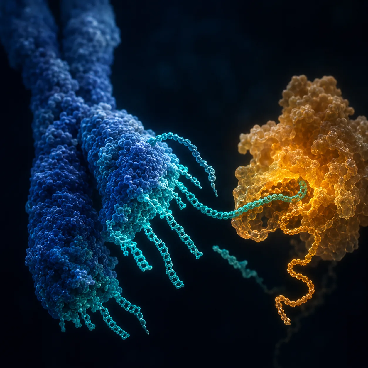 Chromosome end in close-up — bright teal telomere caps fraying at the tip, telomerase enzyme approaching with new repeats