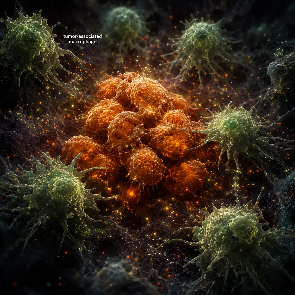 Tumor cells surrounded by macrophages that have taken on a pro-tumor shape, cytokine particles diffusing through the dark extracellular space between them